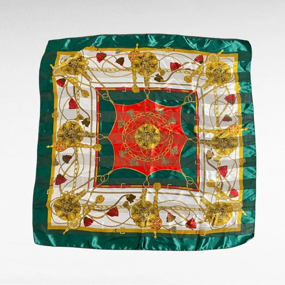 VINTAGE | 1980’s Multicolored Green Satin Square Medallions Tassels Scarf